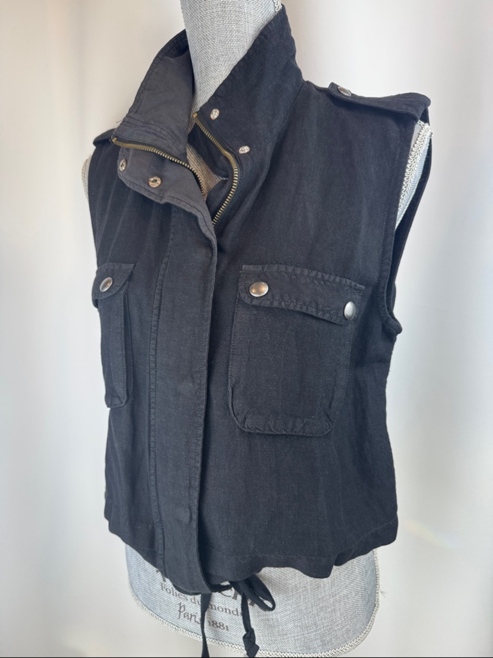 Lucky Brand Black Sleeveless Linen Utility Vest with Snap Pockets